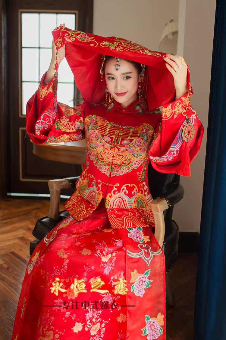 新娘结婚红盖头高端进口绸缎绣花喜字喜盖龙凤喜帕蒙头巾流苏头纱