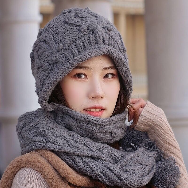 帽子连围巾一体女_帽子女秋冬一体毛线围巾帽韩版针织帽滑雪帽护耳帽