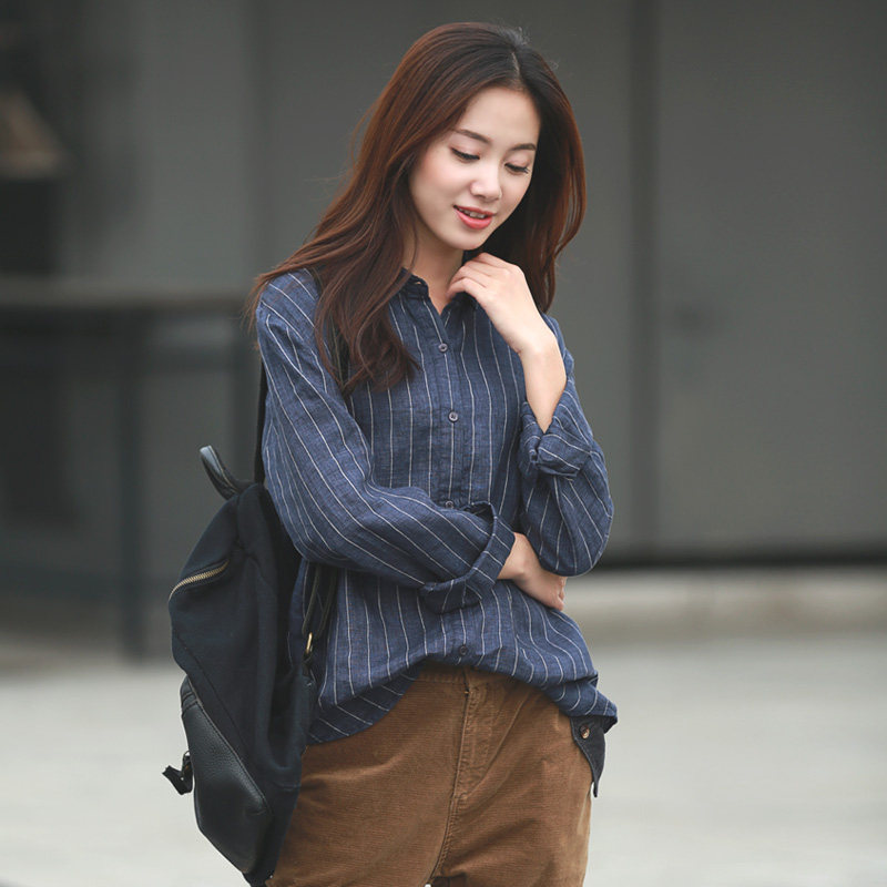 谷家 新款文艺宽松棉麻风格长袖衬衣女 休闲百搭色织条纹亚麻衬衫