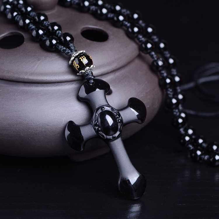 项链男 圆珠链 黑曜石_十字架项链男黑色圆珠链个性潮人霸气黑曜石长