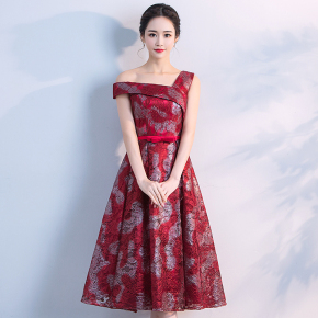 单肩敬酒服长款红