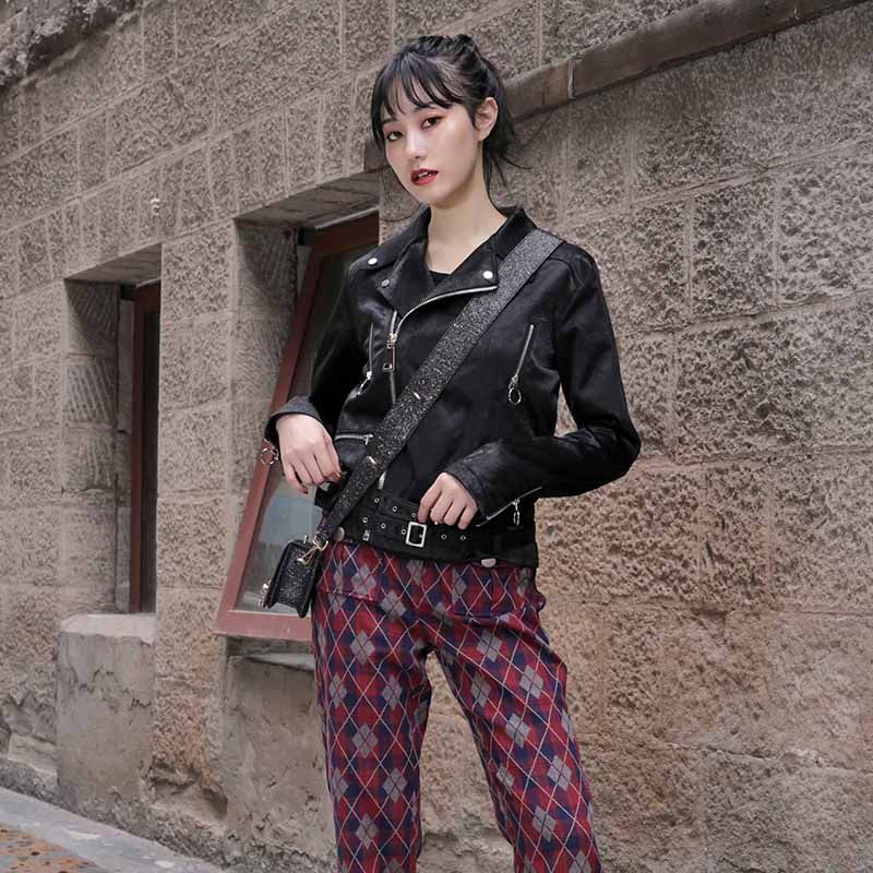 lazytime2017秋新款修身韩版时尚长袖机车显瘦黑色短款