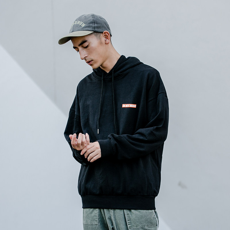 nothomme日系潮牌宽松版连帽套头卫衣男款简约休闲运动风帽衫黑色