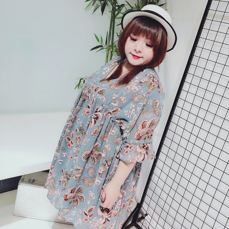 hello胖妞250斤大码女装胖仙女遮肚显瘦宽松甜美碎花荷叶袖雪纺裙