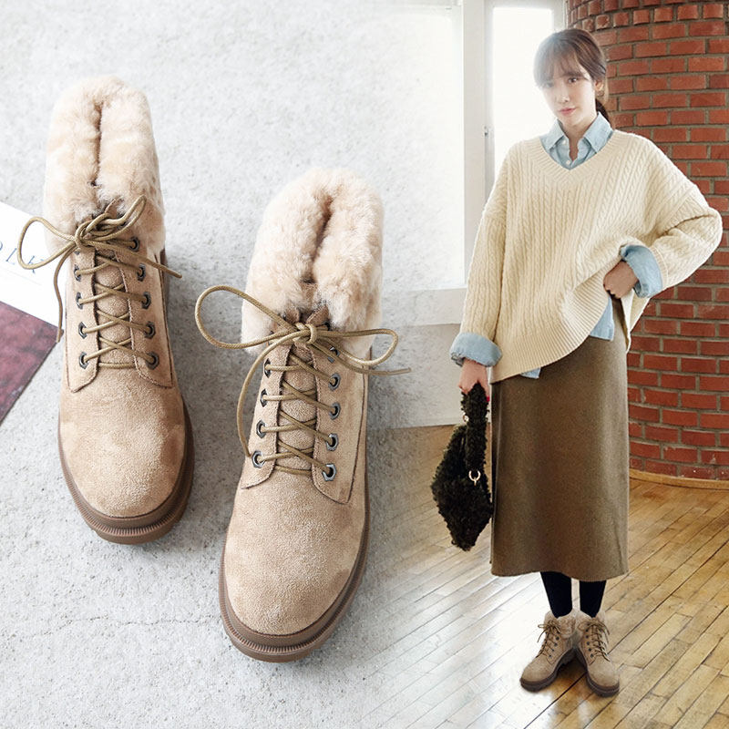 masoomake2017新款加绒马丁靴女英伦风 冬季系带雪地靴女棉鞋短靴