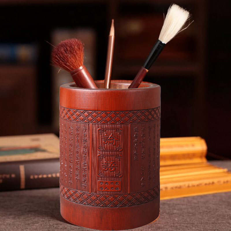 一折木笔筒 简约_简约创意竹制毛笔笔筒学生复古时尚中国风毛笔桶笔筒