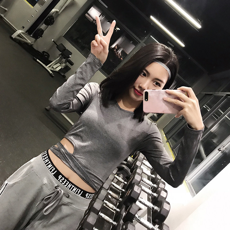 annerun跑步上衣女长袖紧身瑜伽服速干健身衣短款打结露脐运动t恤