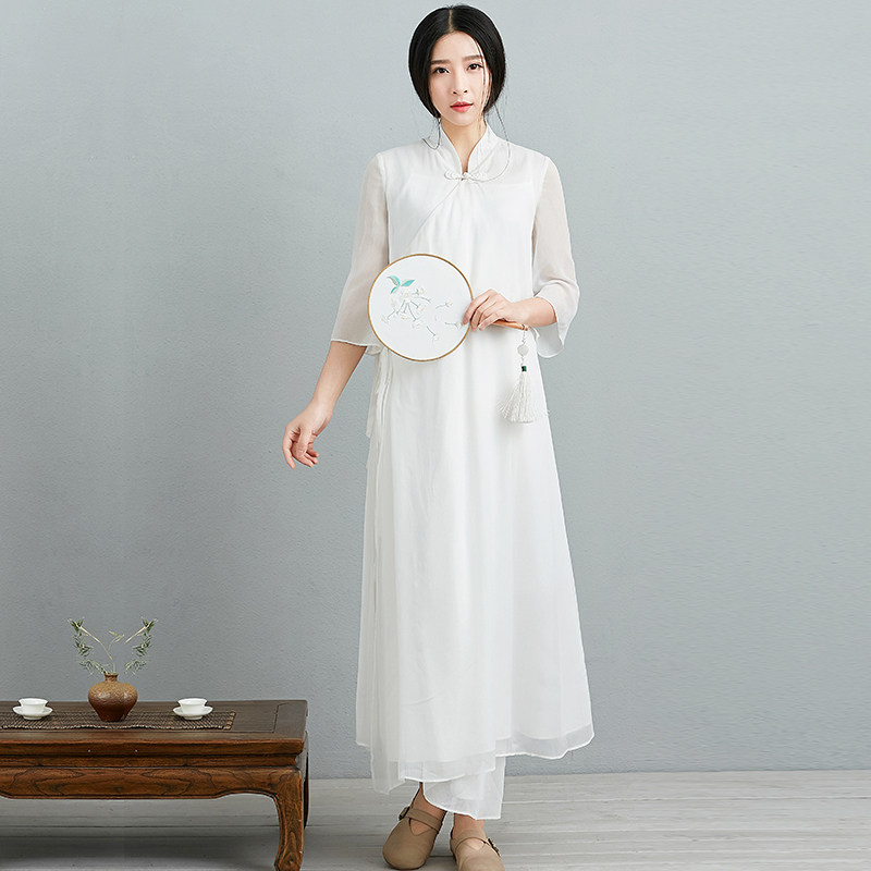 复古长裙夏_素衣新款复古风连衣裙中式绑带禅意茶服白色长裙改良汉服