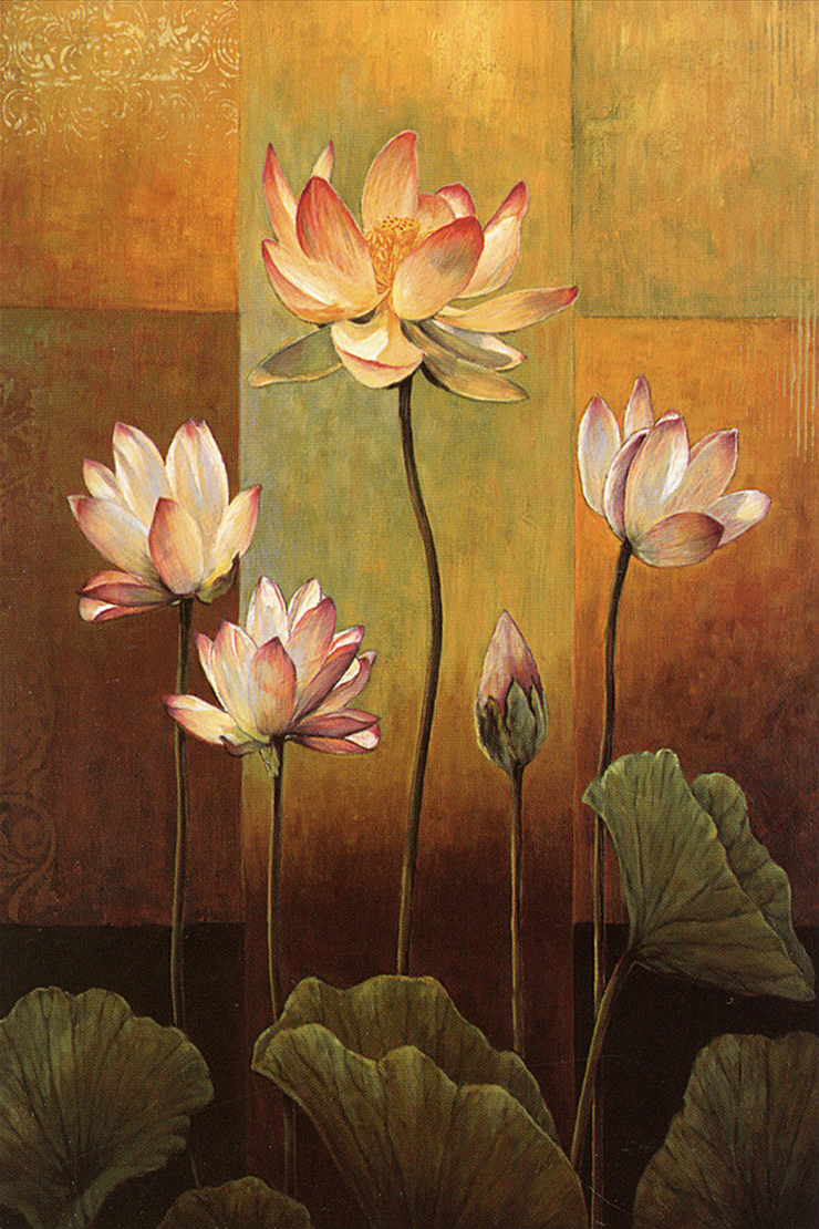 抽象艺术画复古油画荷花玄关 禅修瑜伽馆 壁纸东南亚风格无缝壁画