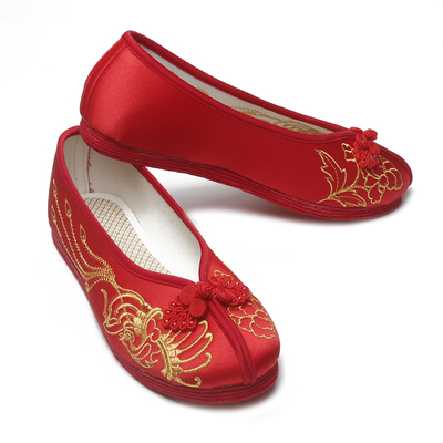 【凤凰牡丹】老北京布鞋女绣鞋绣花鞋秀禾鞋中式婚鞋盘扣红新娘鞋