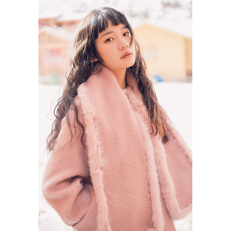 miss豚原创冬新款甜美粉色兔毛围巾宽松毛呢外套大衣