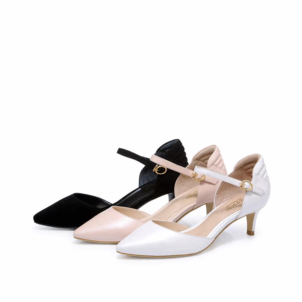 哈森 春夏约会羊皮尖头中跟细跟单鞋一字扣带猫跟女鞋hm77148