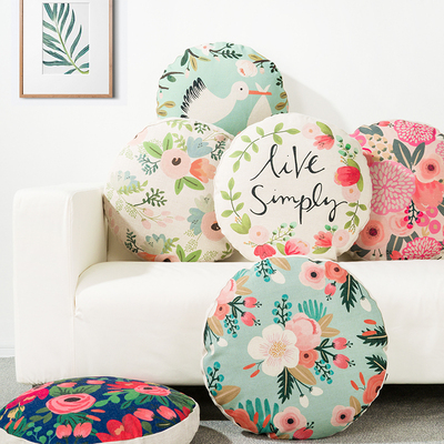 田园棉麻抱枕办公室文艺靠垫布艺沙发靠枕花朵圆枕乡村圆形枕靠背
