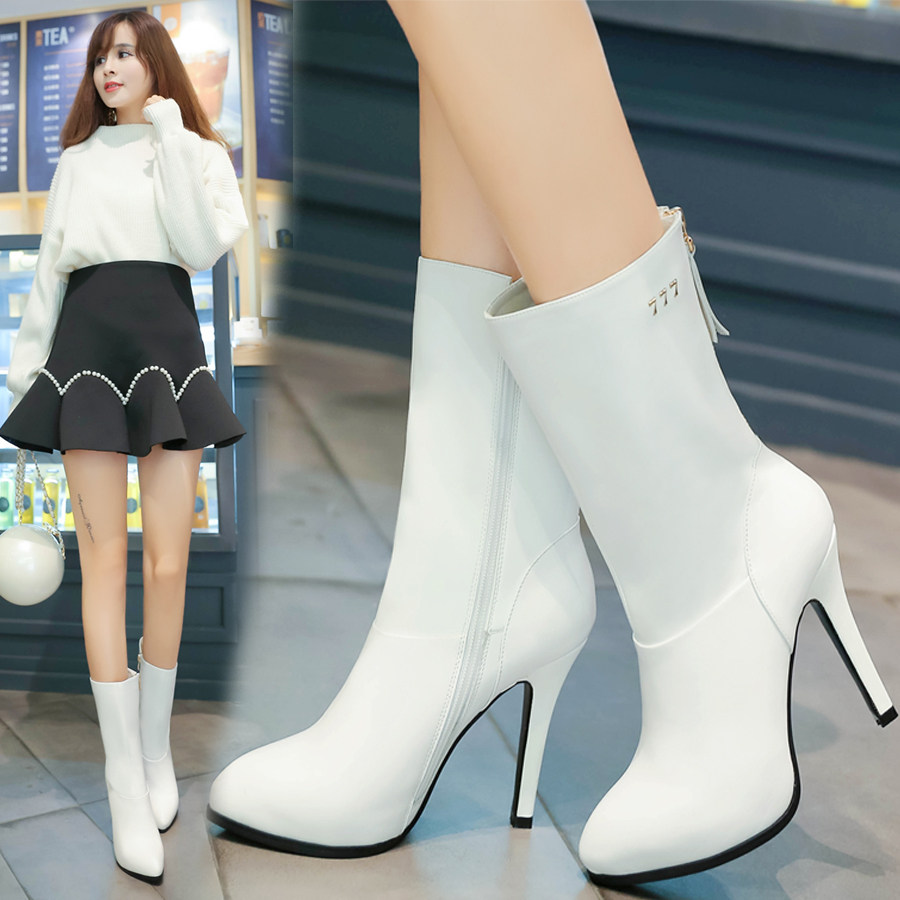 白皮靴女秋冬真皮_秋冬真皮靴子女小圆头细跟高跟中筒靴侧拉链短中靴