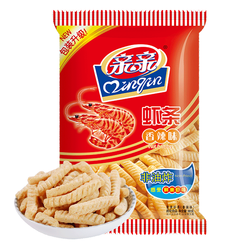 【天猫超市】亲亲鲜虾条香辣味80g休闲膨化非油炸零食薯片特产