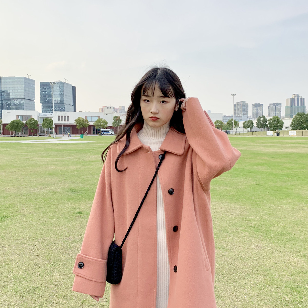 一折毛呢外套女 韩国_现货yuki小树家炒显白西柚色夹棉毛呢外套大衣女