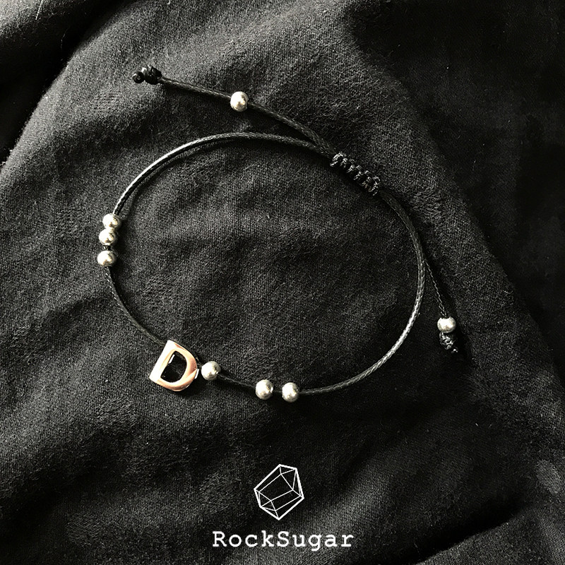 rocksugars925纯银英文字母吊坠diy创意定制黑绳银珠手链男女情侣