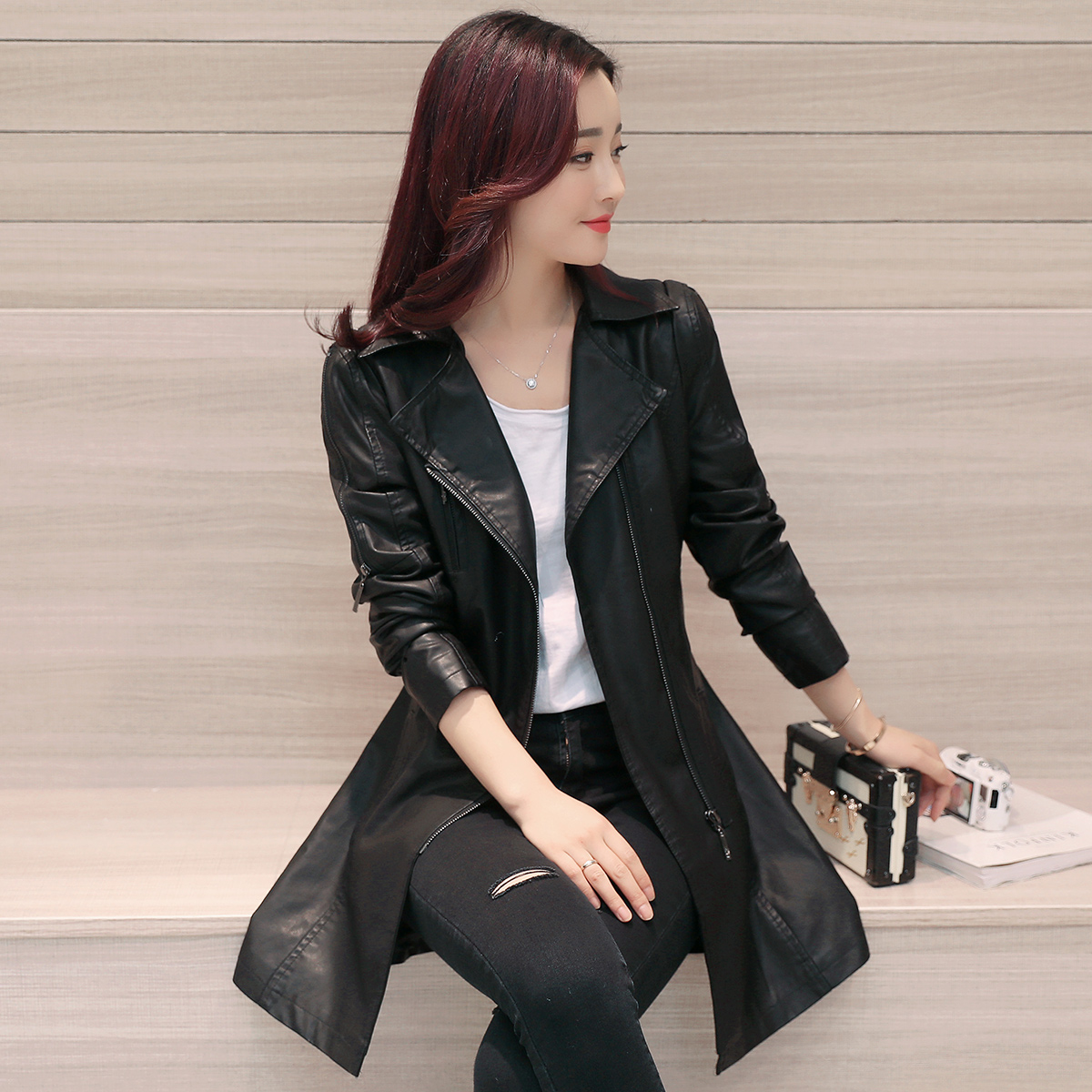 女装 皮衣 2017春季皮u皮衣女新款女士休闲pu皮外套中长款风衣春秋