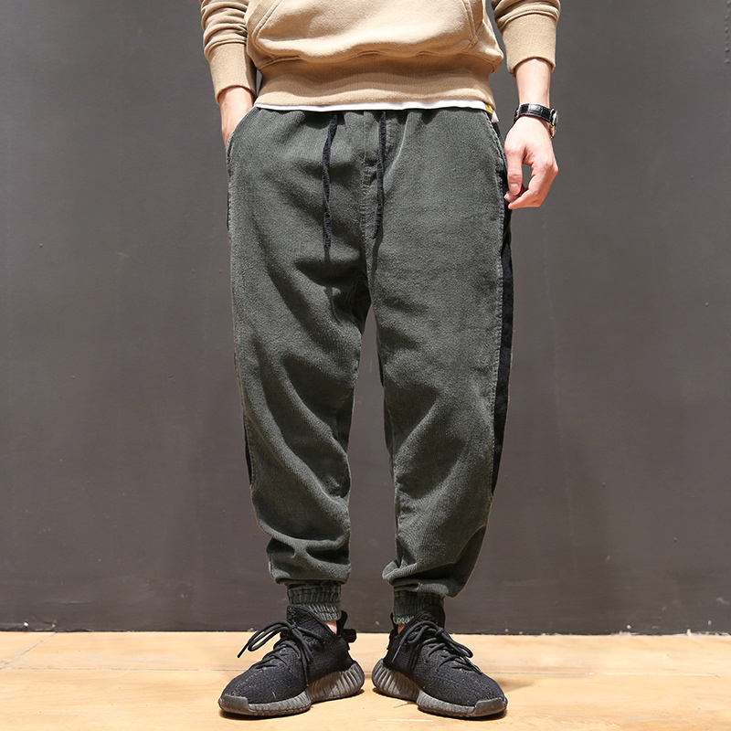 马切达春季日系复古灯芯绒休闲裤男士撞色九分