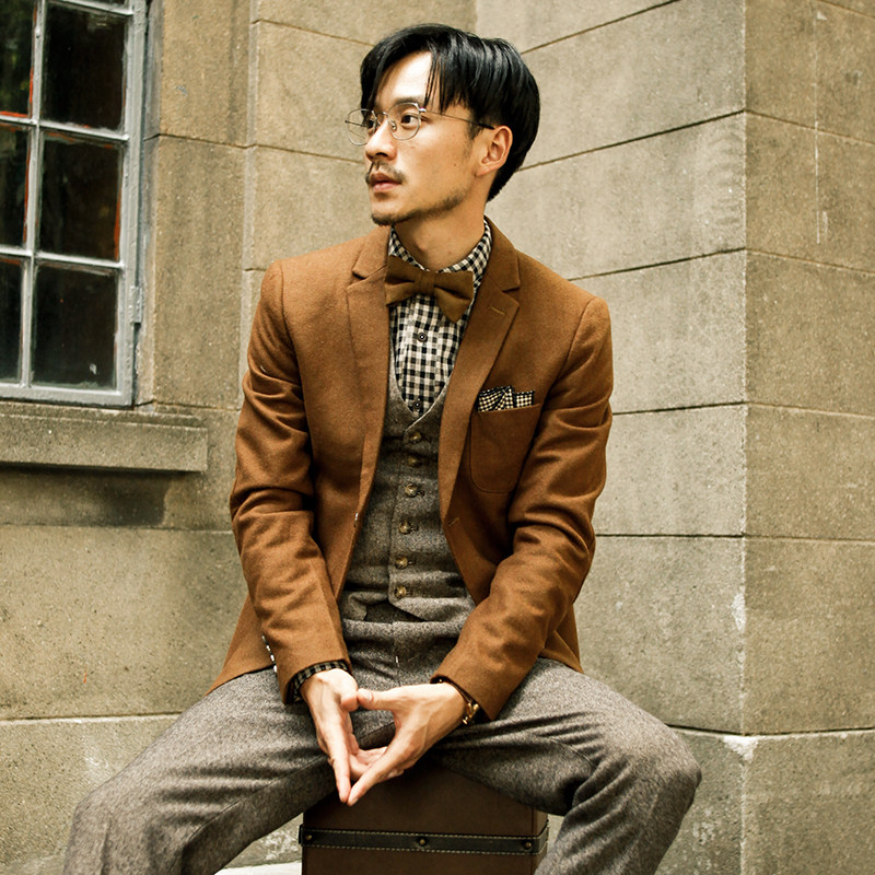 soarin英伦复古修身毛呢西装外套男 羊毛纯色