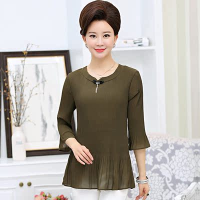 35岁中年妇女春夏无领喇叭袖上衣4o到5o岁妈妈装雪纺衬衫大码裙衫