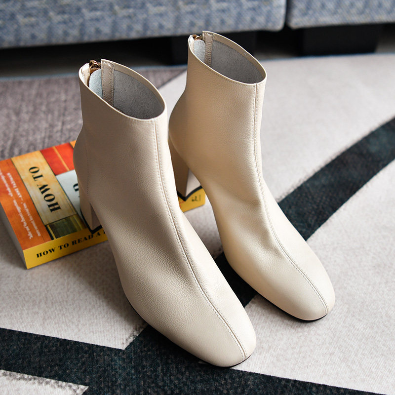 女高跟鞋 粗跟 秋冬_2018秋冬女鞋新款裸靴方头女靴粗跟靴子女及踝靴