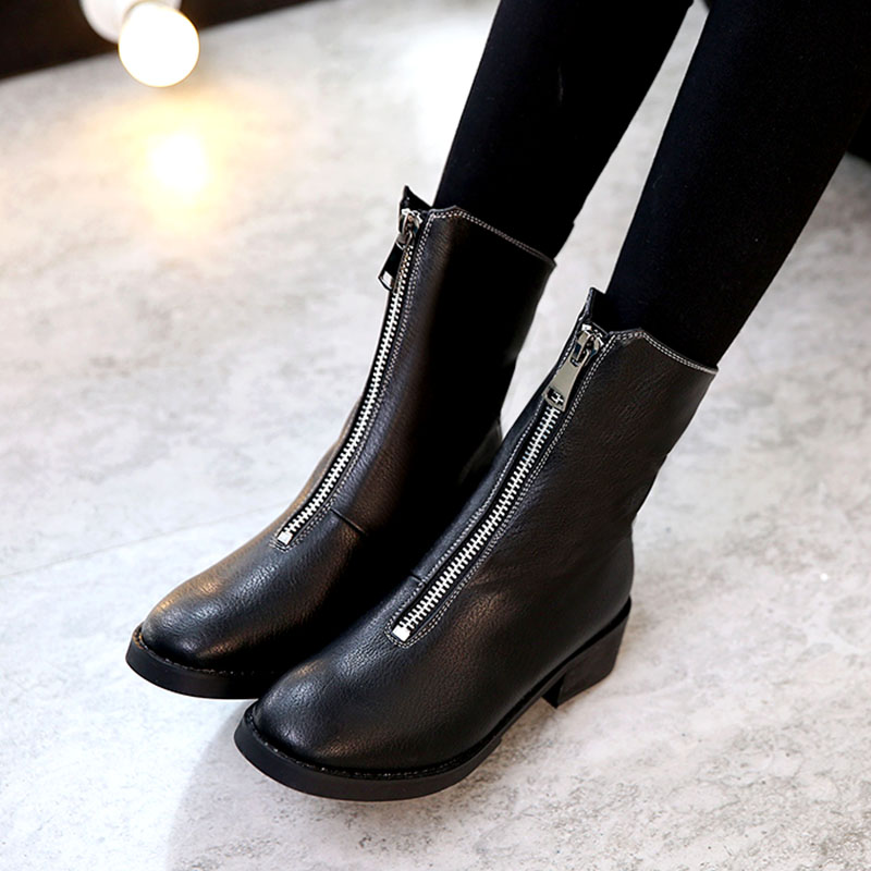 2017新款春秋女靴前拉链短靴女学生中跟短靴女英伦风马丁靴女