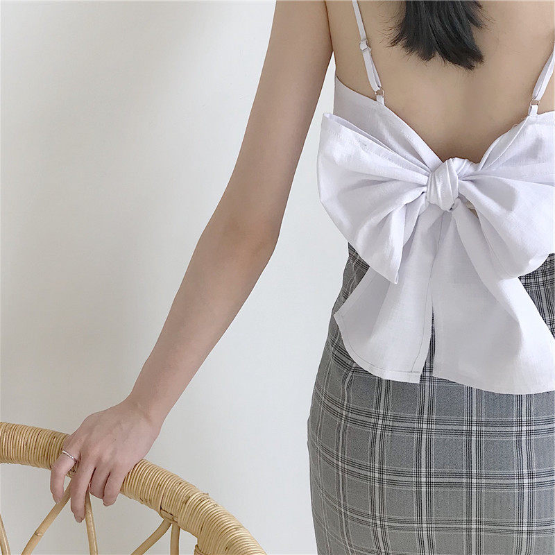 热销黄色性感美上衣_百搭度假风美背蝴蝶结绑带小性感吊带女夏 露背