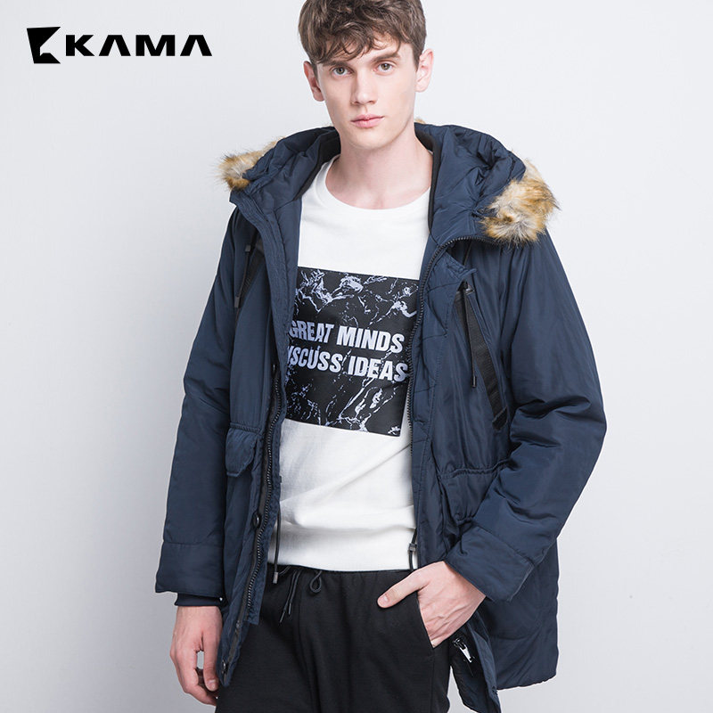 卡玛kama冬季新款棉袄潮加厚棉服连帽中长款