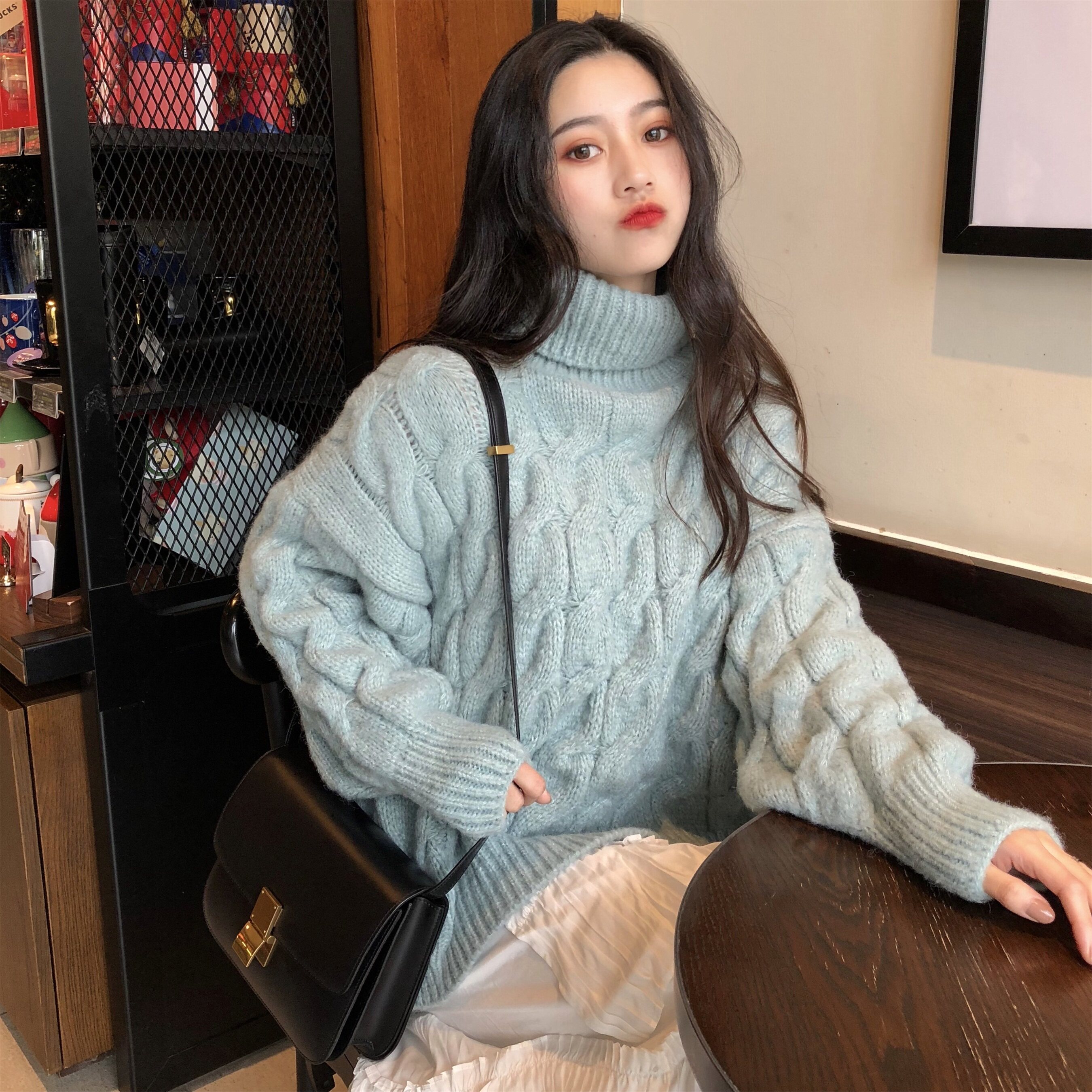 一折橘色毛衣女套头高领