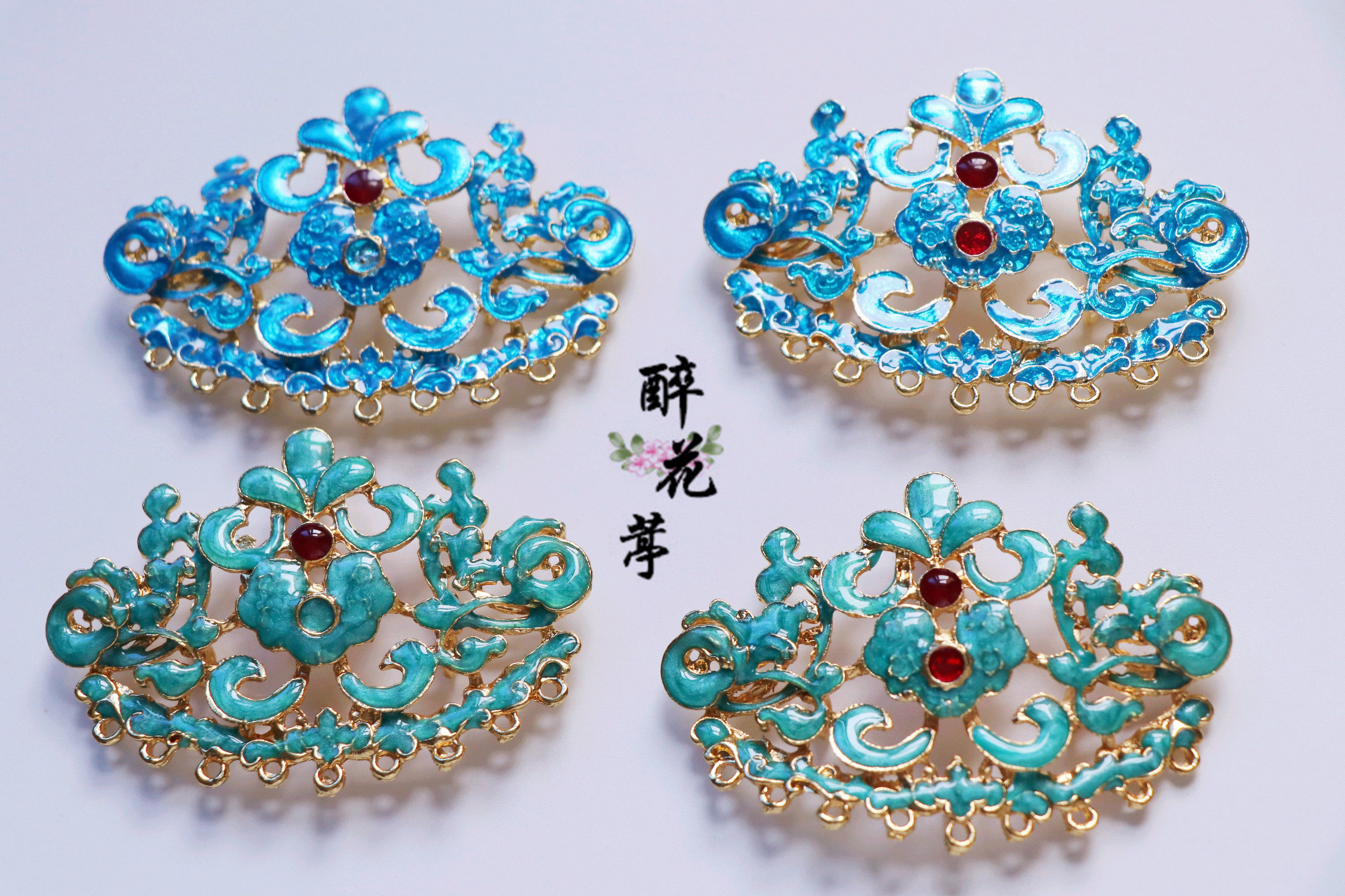 热销流苏_滴油烧蓝景泰蓝仿点翠九孔流苏发冠古风发簪步摇diy饰品配件