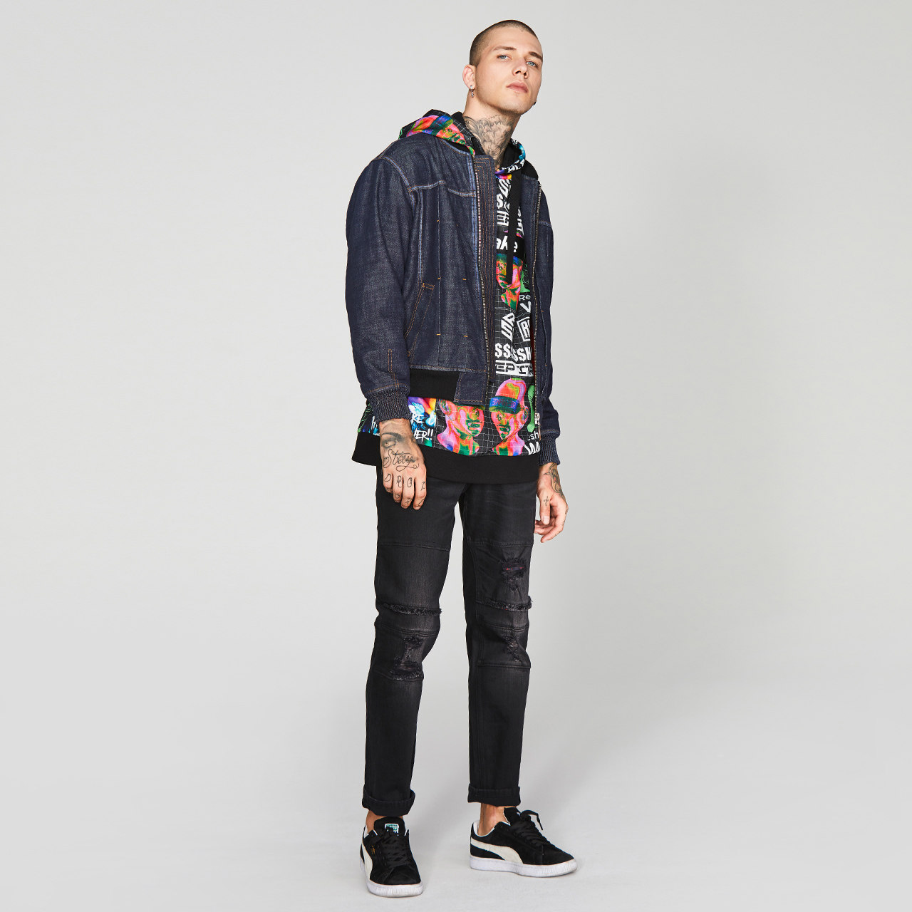 马克华菲型格棉服男冬牛仔刺绣棒球领牛仔夹克