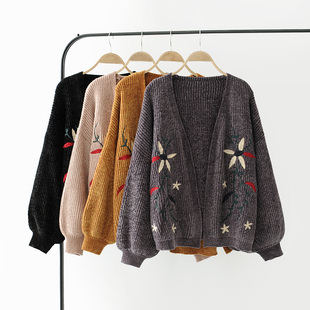 高品质 重工刺绣中国风v领金丝绒粗针毛线柔软针织毛衣短外套上衣