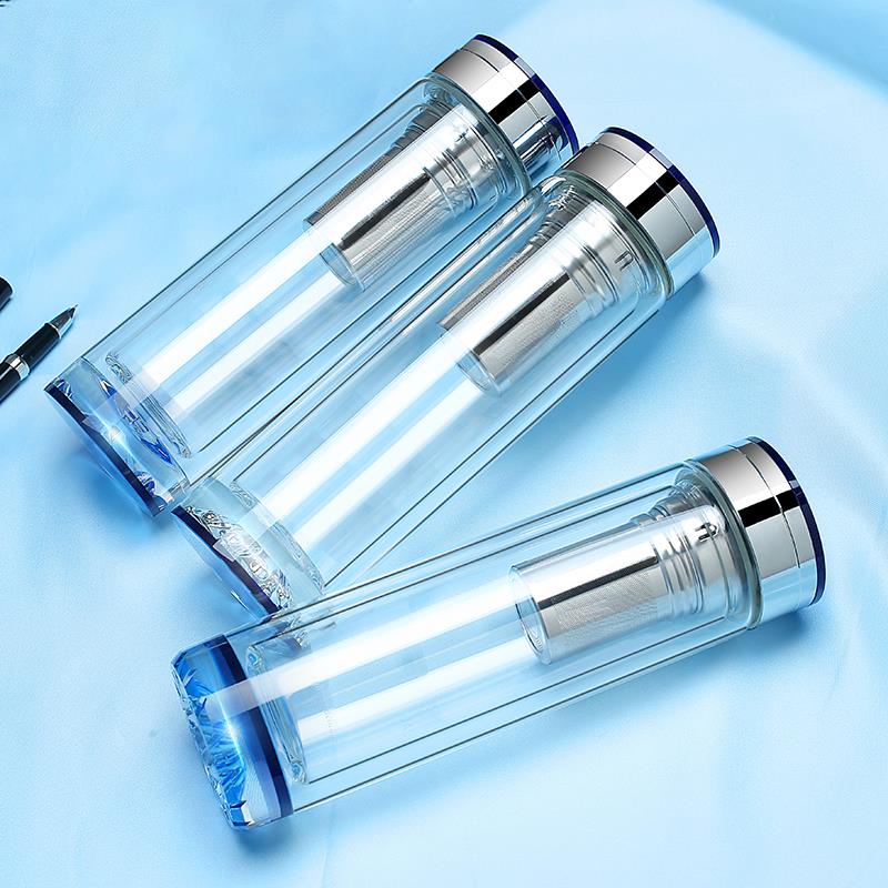 特价透明保温杯男 高档_高档水晶双层玻璃杯 透明盖过滤网水杯男女