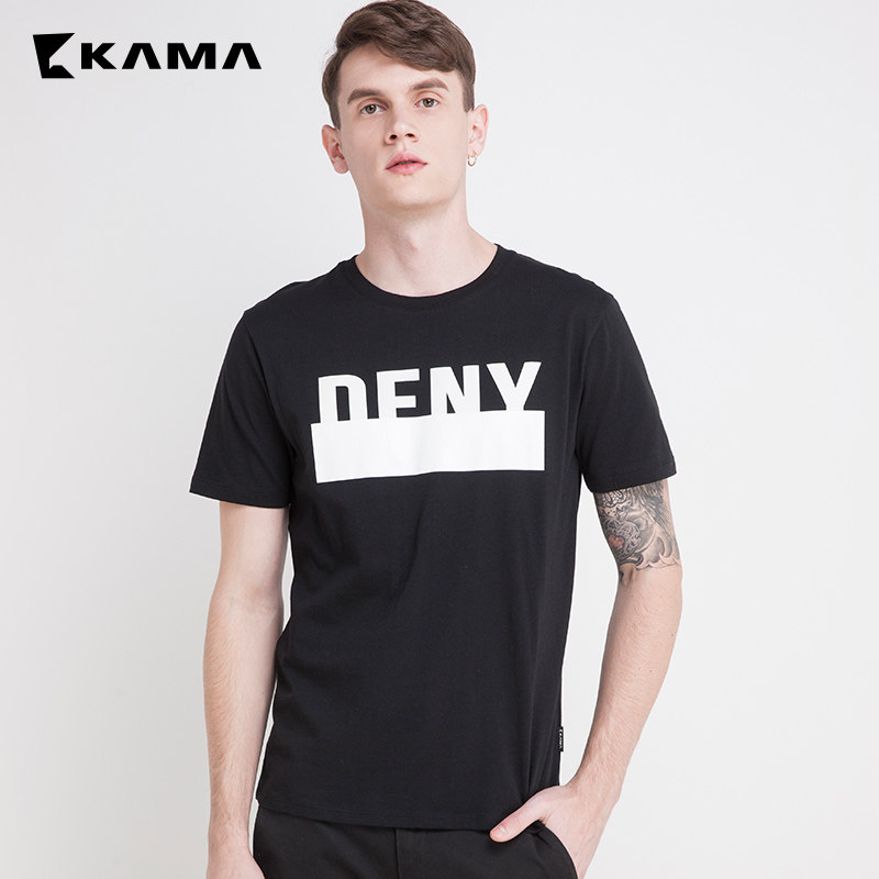 卡玛kama 男士装春夏季帅气圆领套头体恤短袖印花t恤男打底衫