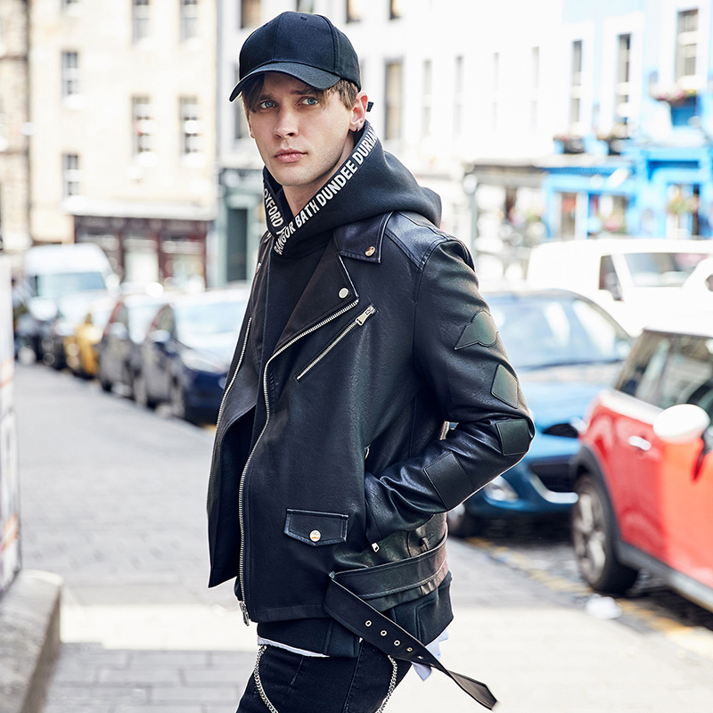 伯爵卓尔男士皮夹克 秋季潮牌修身青年机车pu翻领短款男皮衣外套