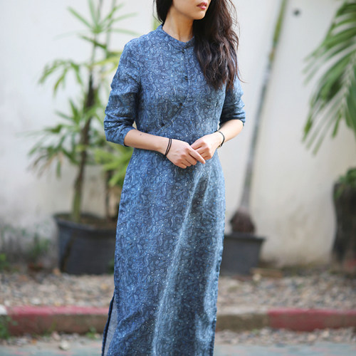 牧衣原创设计女装羊毛绣花中国风气质袍子秋冬打底连衣裙 淡山