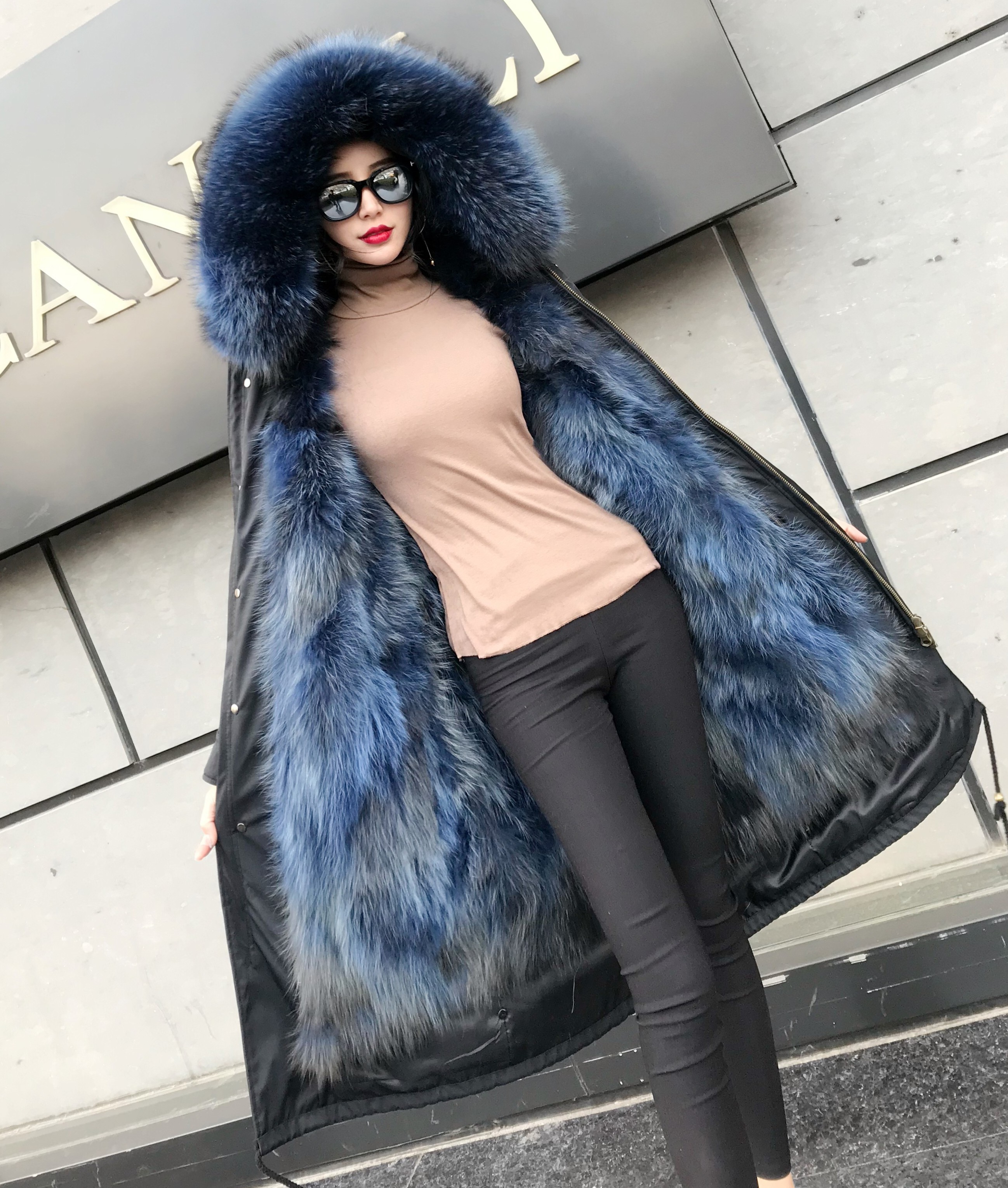 乐町2018春装新款女装潮字母仿裘皮大衣棉衣棉服外套c4ae64602