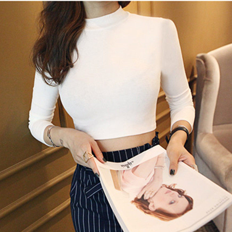 露脐上衣半高领高腰短款性感修身白色漏肚脐