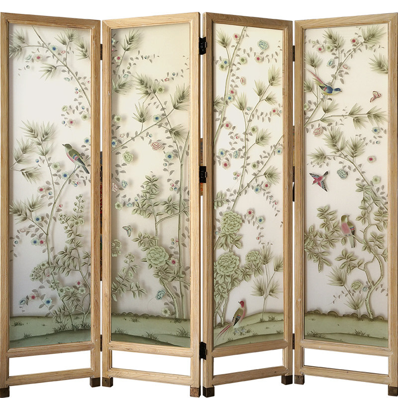 【摆设出品】榆木复古真丝双面手绘工笔隔断屏风