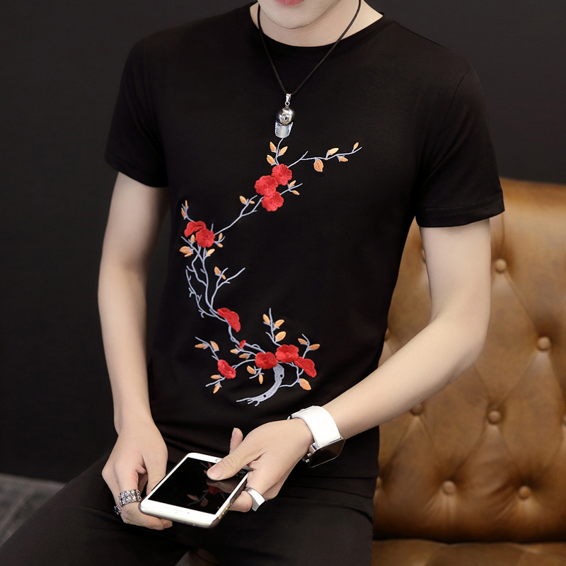 男士短袖t恤2017新款韩版潮个性修身圆领男装夏装刺绣体恤衣服