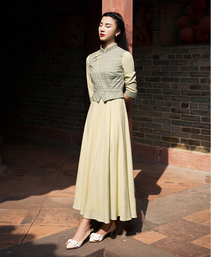 民国风女装演出服立领盘扣棉麻连衣裙七分袖文艺复古学院长裙修身优惠