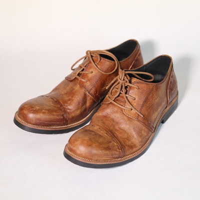 意大利复古工装鞋潮男翘头褶皱牛皮手工做旧欧美范休闲皮鞋男