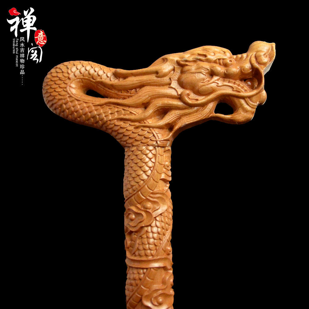 桃木拐杖龙头拐棍实木实心雕刻老年人手杖祝寿礼品送礼盒防滑垫