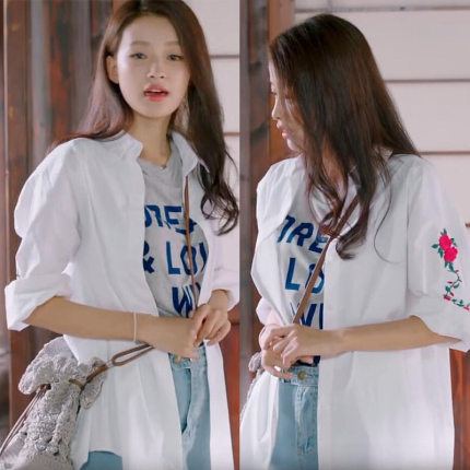 因为遇见你张怡张果果明星同款白色长袖玫瑰花朵刺绣衬衫宽松女_不