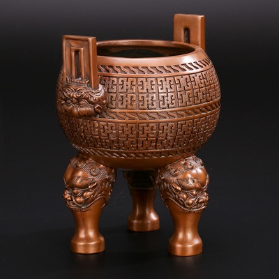 匠泽铜魂 纯紫铜鼎四方耳兽足香炉香道佛具摆件居室佛堂檀香炉