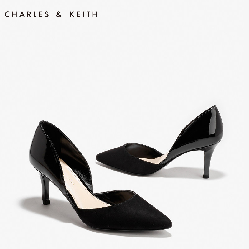 charles&keith高跟鞋ck1-60360888尖头女单鞋漆皮绒面优雅奥赛鞋百搭