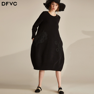 dfvc2017秋装新款时尚蕾丝贴片绣花长袖针织连衣裙气质百搭o型裙