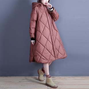 原创设计连帽菱形格中长款a版棉衣弧形下摆女保暖棉服气质女装