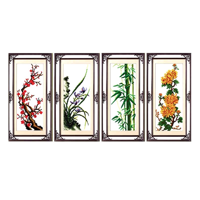 梅兰竹菊十字绣新款客厅大幅挂画四联竖版印花3d十字绣刺绣套